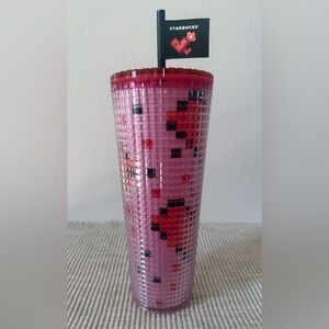 Brand New Starbucks 24oz Tumbler with Pink/Red Pixel Hearts